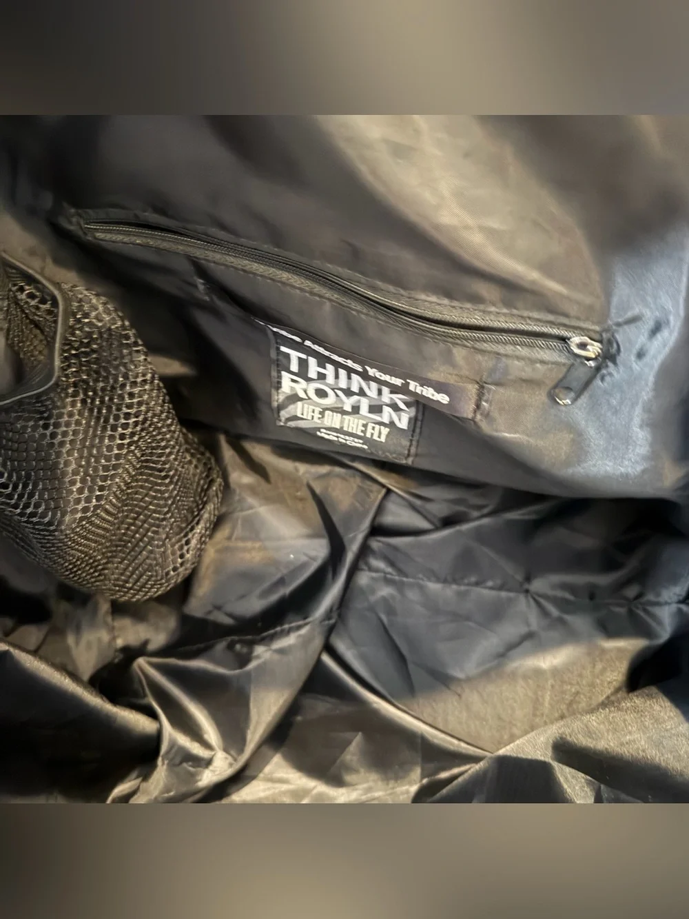 Think Royln Wingman Quilted Puffer Tote Black Red Silver Stripe